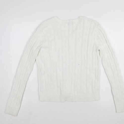 Chaps Women's White V-Neck Cable Knit Cotton Jumper Size M