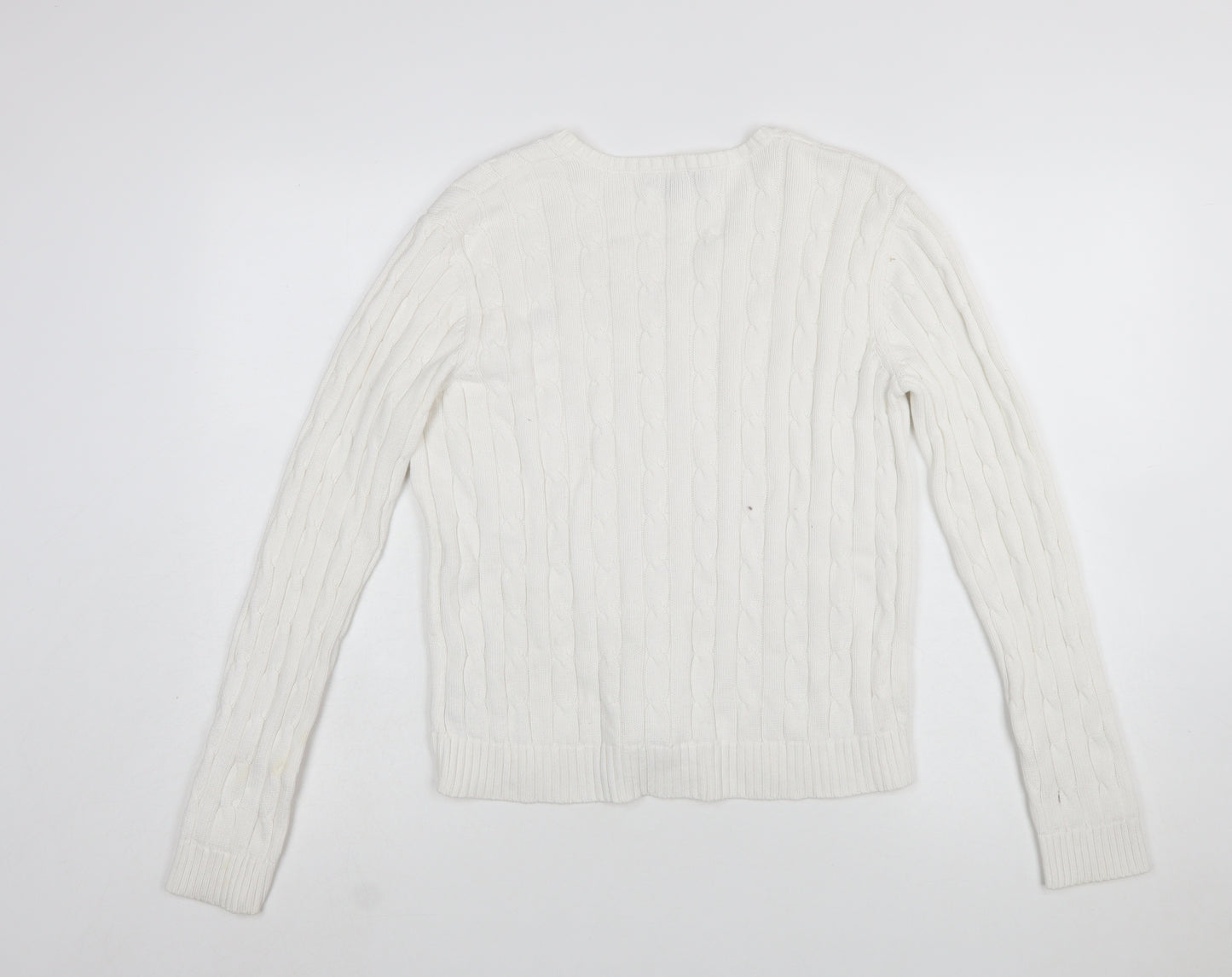 Chaps Women's White V-Neck Cable Knit Cotton Jumper Size M