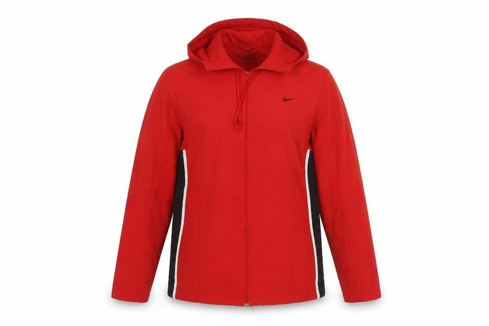 Front view of Nike Women Red Hooded Windbreaker Jacket L Lightweight Full Zip