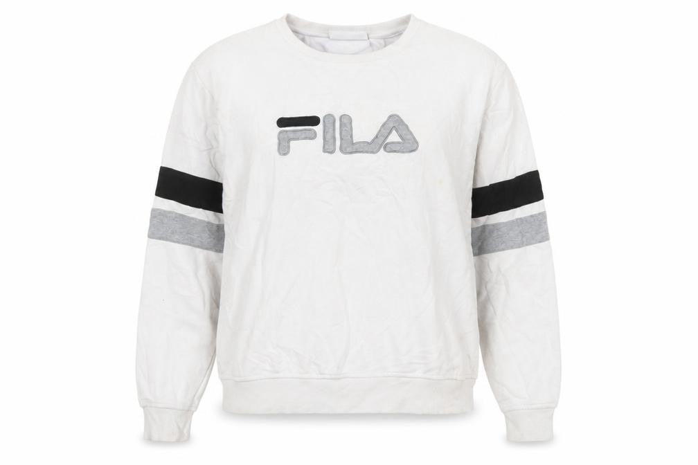 Front view of Fila women’s white crew neck pullover sweatshirt xl logo detail