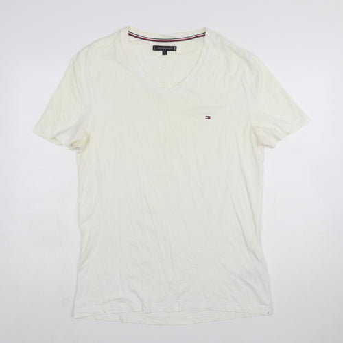 Tommy Hilfiger Men's Ivory V-Neck Short Sleeve Cotton T-Shirt L