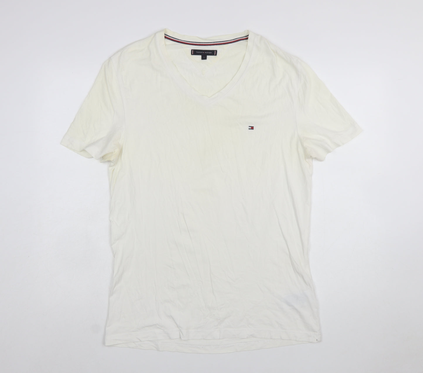 Tommy Hilfiger Men's Ivory V-Neck Short Sleeve Cotton T-Shirt L