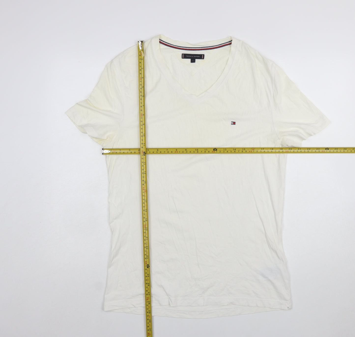 Tommy Hilfiger Men's Ivory V-Neck Short Sleeve Cotton T-Shirt L