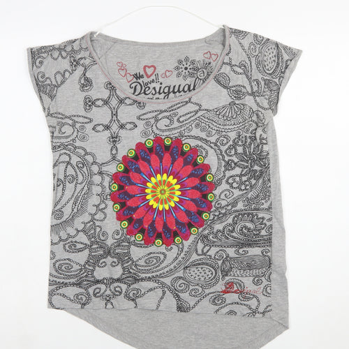 Desigual Womens Grey Floral Print Short Sleeve T-Shirt Size S