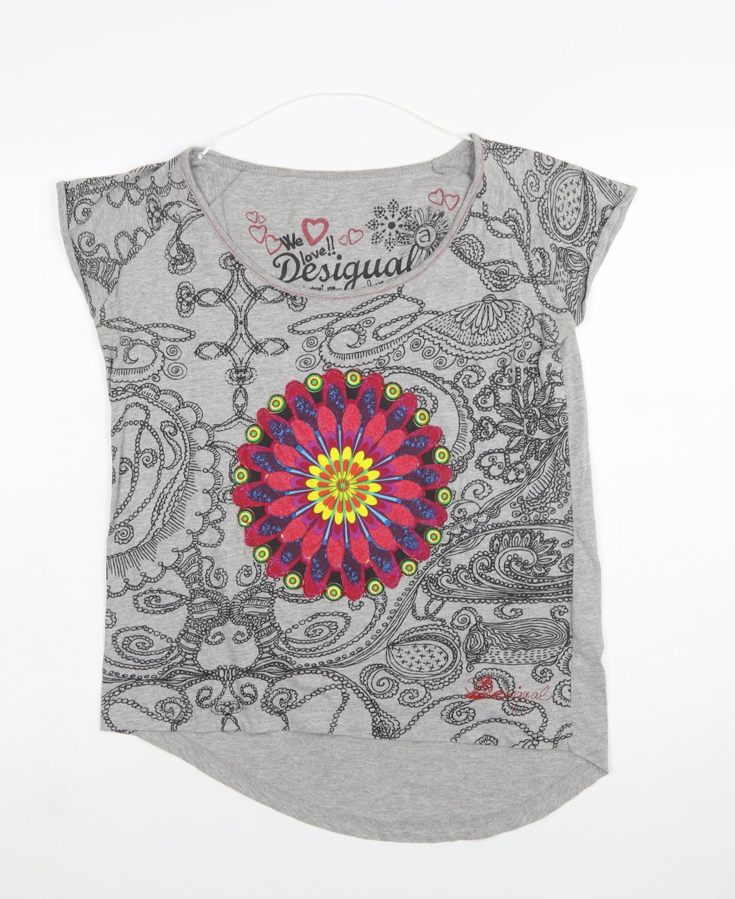Desigual Womens Grey Floral Print Short Sleeve T-Shirt Size S