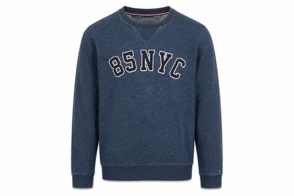Front view of Tommy Hilfiger Men’s Blue Logo Sweatshirt, size S, Crew Neck Pullover