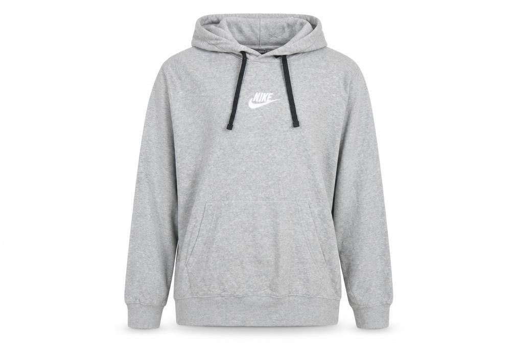 Front view of Nike Women Grey Pullover Hoodie, size M, Logo Embroidered Sweatshirt