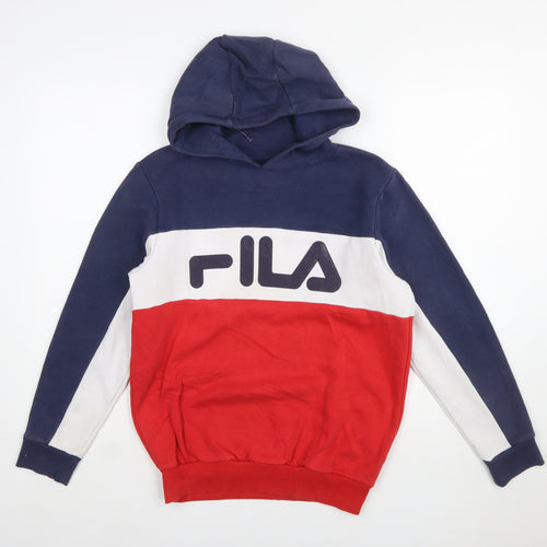FILA Boys Blue Red White Pullover Hoodie 13-15 Years Colourblock Cotton Blend