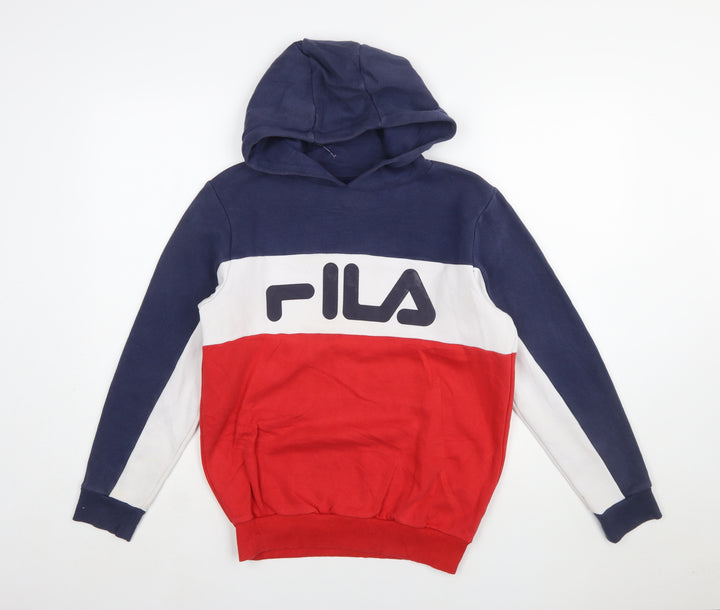 FILA Boys Blue Red White Pullover Hoodie 13-15 Years Colourblock Cotton Blend