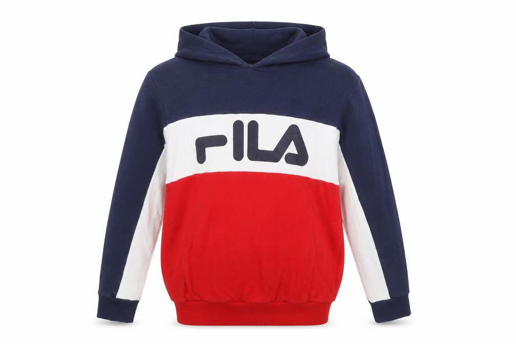Front view of Fila boys’ blue red white pullover hoodie 13-15 years colourblock cotton blend