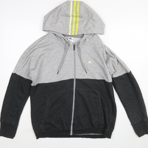 Adidas Womens Grey Black Full Zip Hoodie Size M 12-14 Colourblock