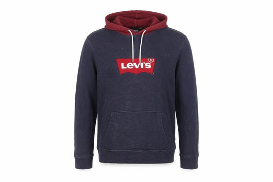 Front view of Levi's Men's Blue Pullover Hoodie M Logo Fleece Sweatshirt