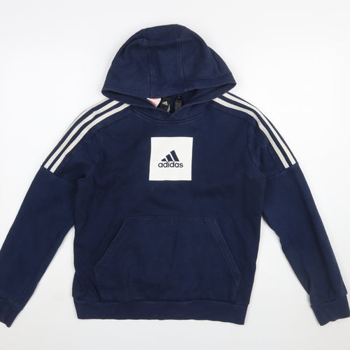 Adidas Boys Navy Blue Pullover Hoodie 13-14 Years Cotton Blend