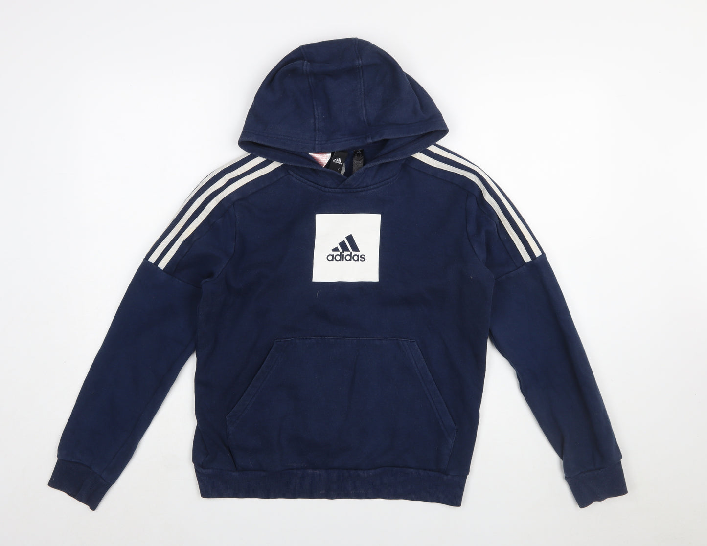Adidas Boys Navy Blue Pullover Hoodie 13-14 Years Cotton Blend