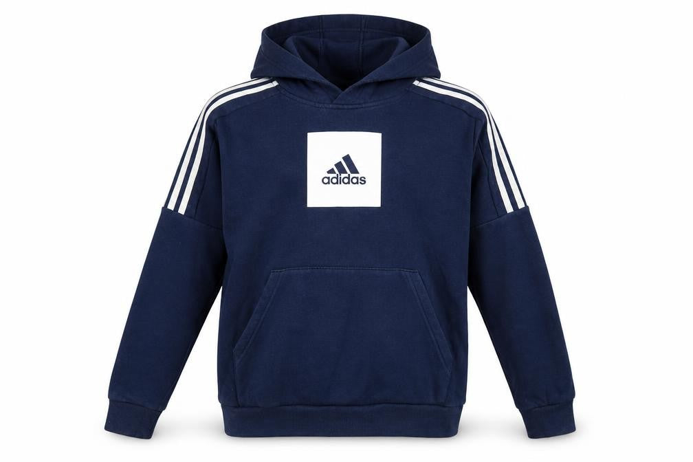 Front view of Adidas boys’ navy blue pullover hoodie 13-14 years cotton blend
