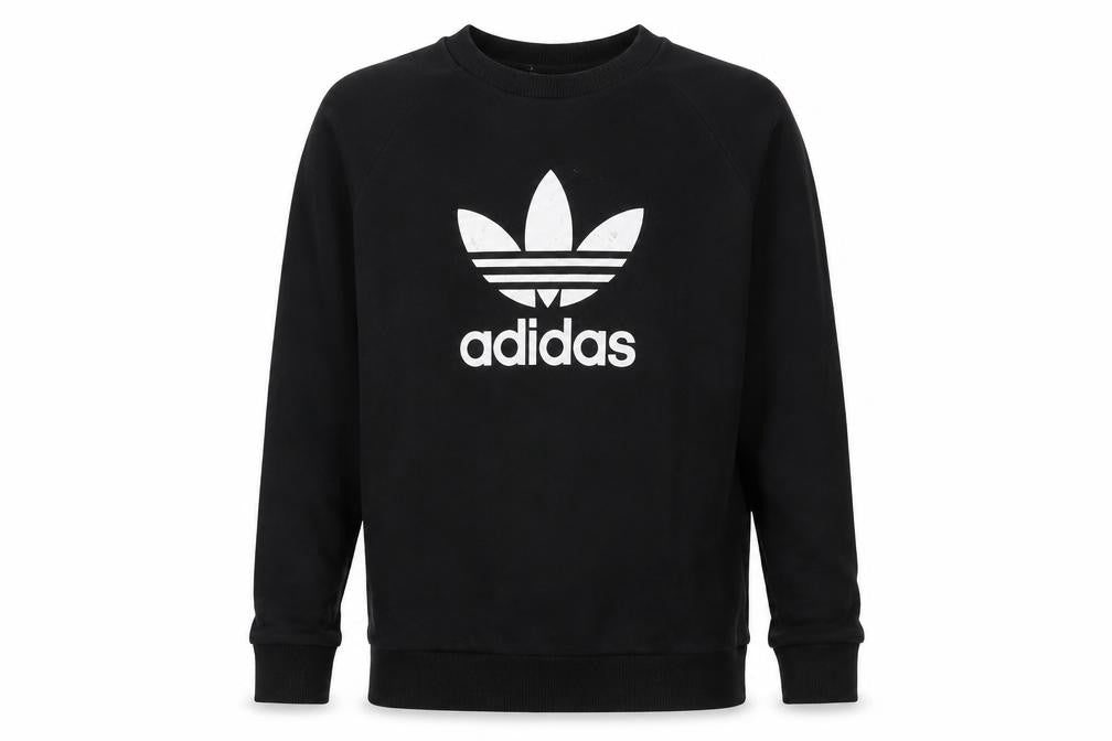 Front view of Adidas Men's Black Small Pullover Crew Neck Logo Sweatshirt