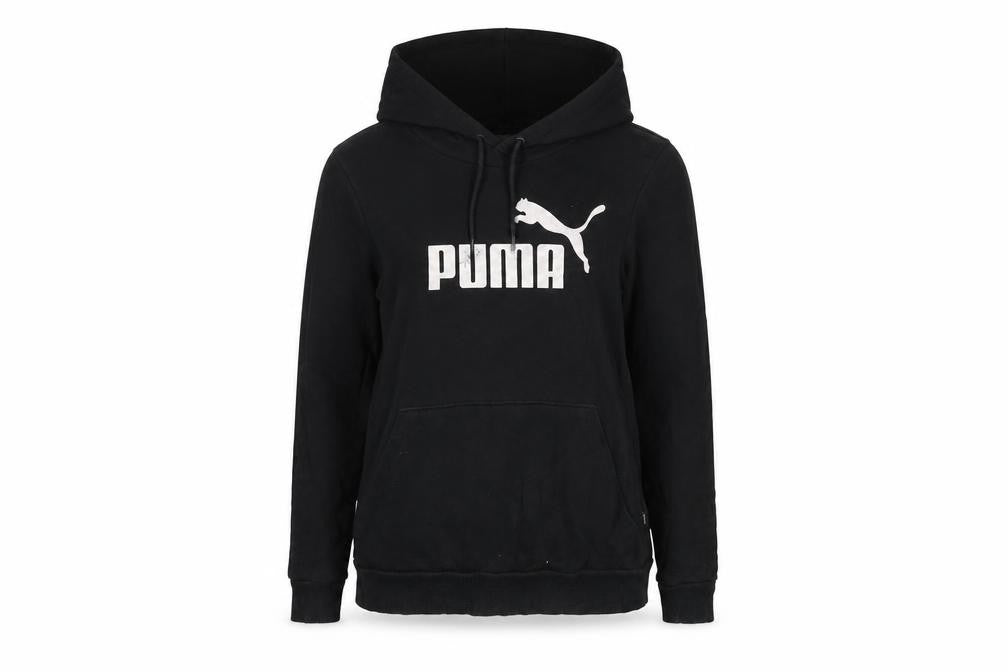 Front view of Puma women’s black xs pullover hoodie with logo print
