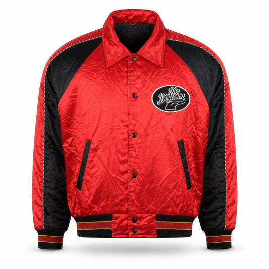 Front view of Dogtown Men’s Red Varsity Jacket, size L, Nylon Skate Retro Style