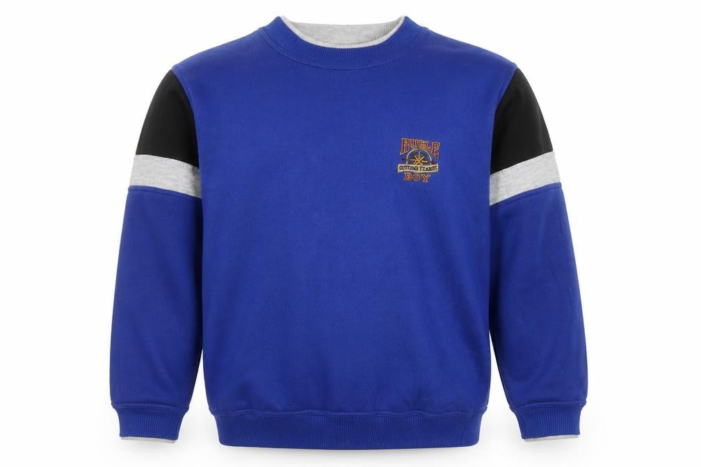 Front view of Bugle Boy boys’ blue colourblock crew neck sweatshirt, size 16-18 l