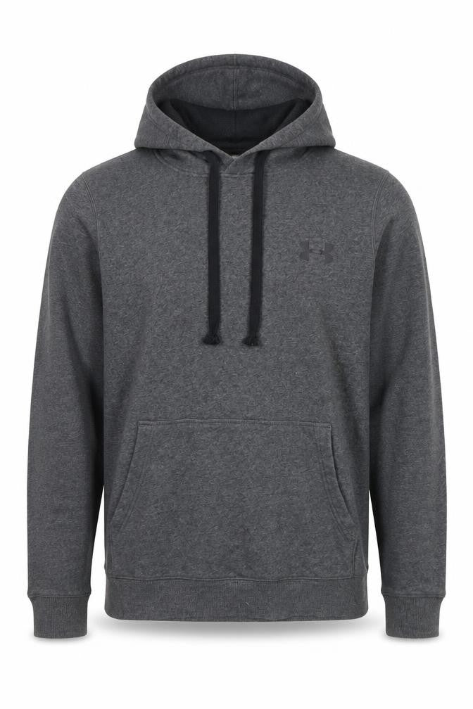 Front view of Under Armour Men's Grey Fitted Pullover Hoodie, size S, ColdGear