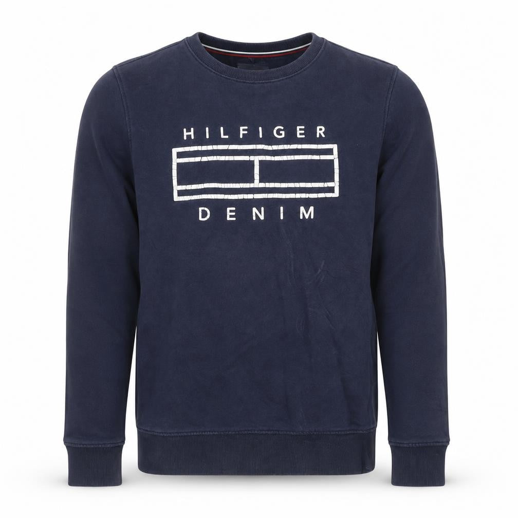 Front view of Tommy Hilfiger Men Blue S Pullover Crew Neck Graphic Sweatshirt