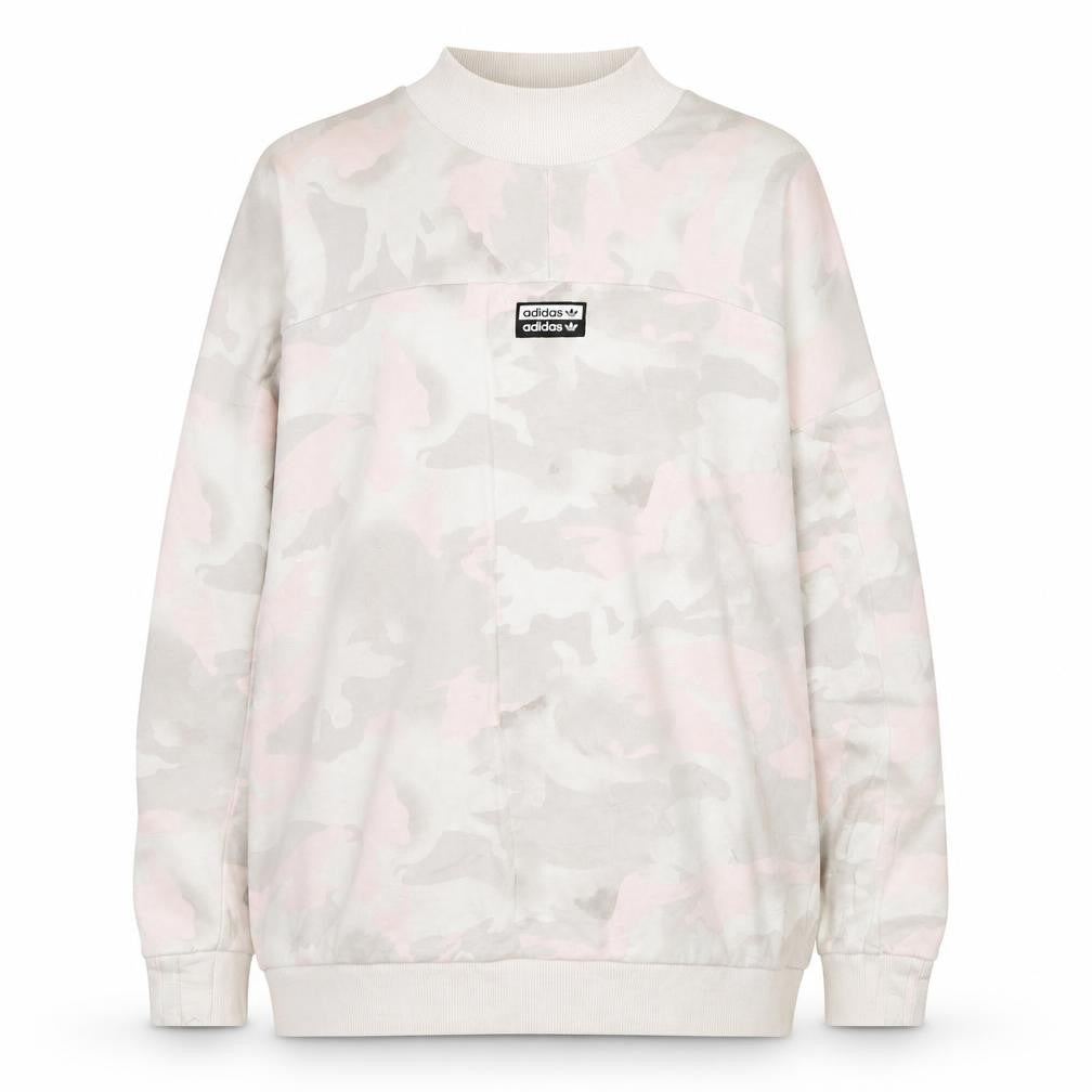 Front view of Adidas Women's Beige Camo Crew Neck Pullover Sweatshirt, size 14, M