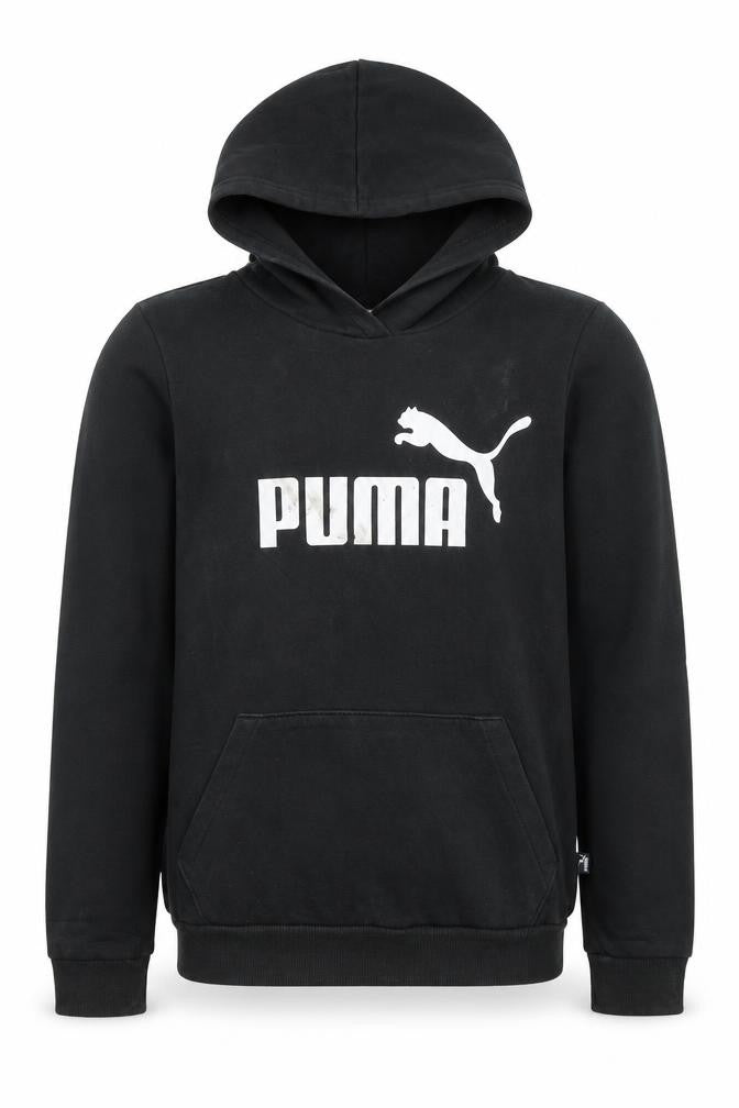Front view of Puma boys’ black pullover hoodie, size 14, years cotton blend logo print