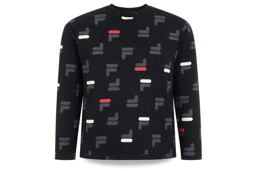 Front view of Fila women’s black small logo print crew neck pullover sweatshirt