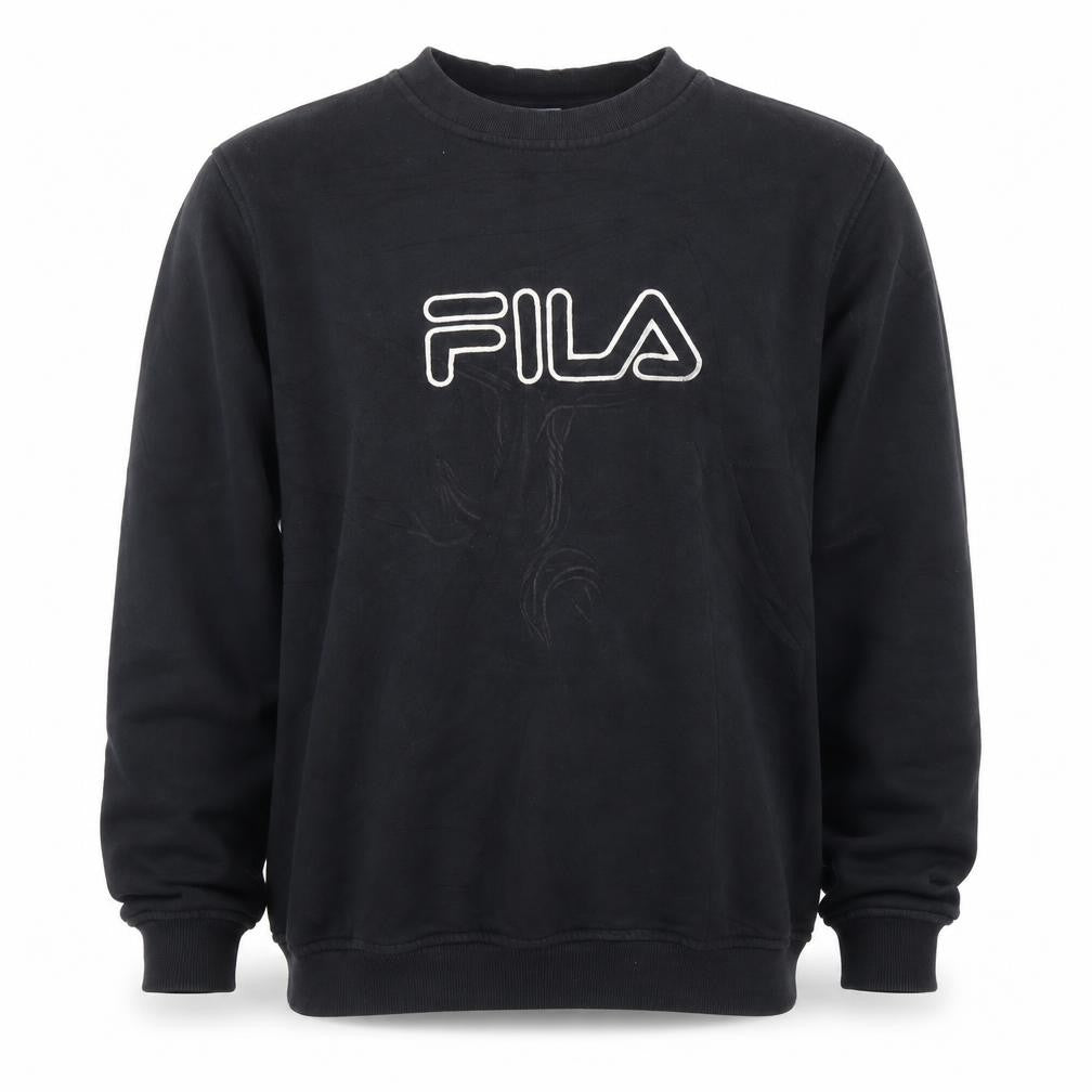Front view of Fila men’s black pullover sweatshirt l logo crew neck sportswear