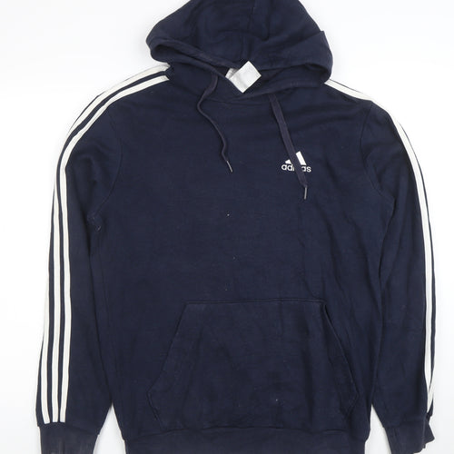 Adidas Mens Navy Hoodie Size M Cotton Blend Pullover Three Stripe