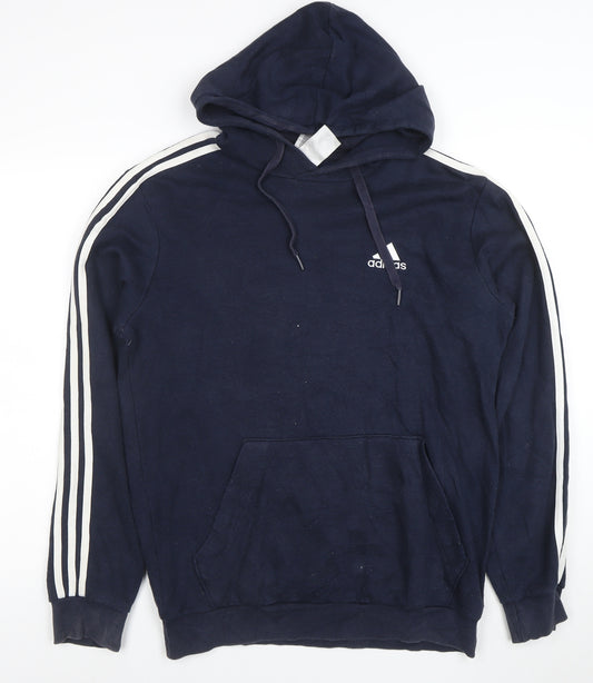 Adidas Mens Navy Hoodie Size M Cotton Blend Pullover Three Stripe