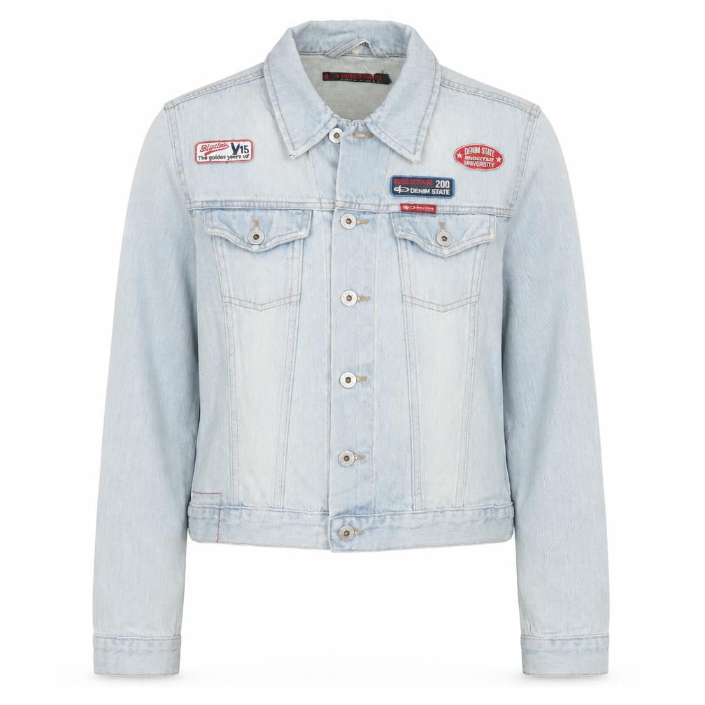 Front view of Big Star women’s blue denim jacket m classic button front logo style