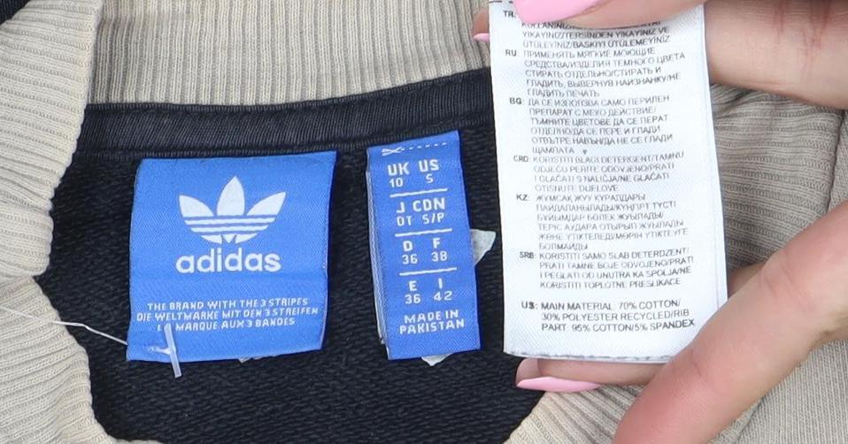 Adidas Women Beige Black Logo Pullover Sweatshirt Size 10