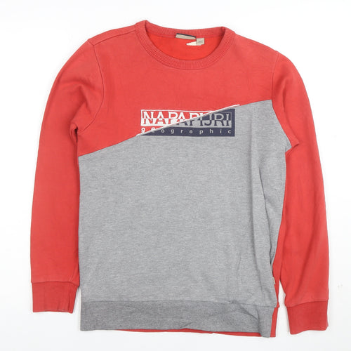 Napapijri Boys Red Grey Pullover Sweatshirt Size 12 Cotton Blend Logo Graphic