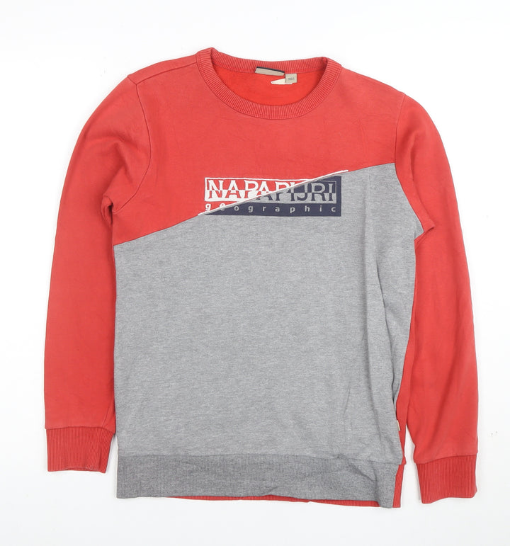 Napapijri Boys Red Grey Pullover Sweatshirt Size 12 Cotton Blend Logo Graphic