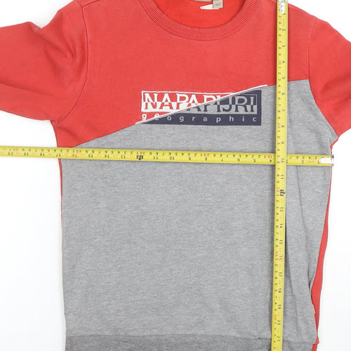 Napapijri Boys Red Grey Pullover Sweatshirt Size 12 Cotton Blend Logo Graphic