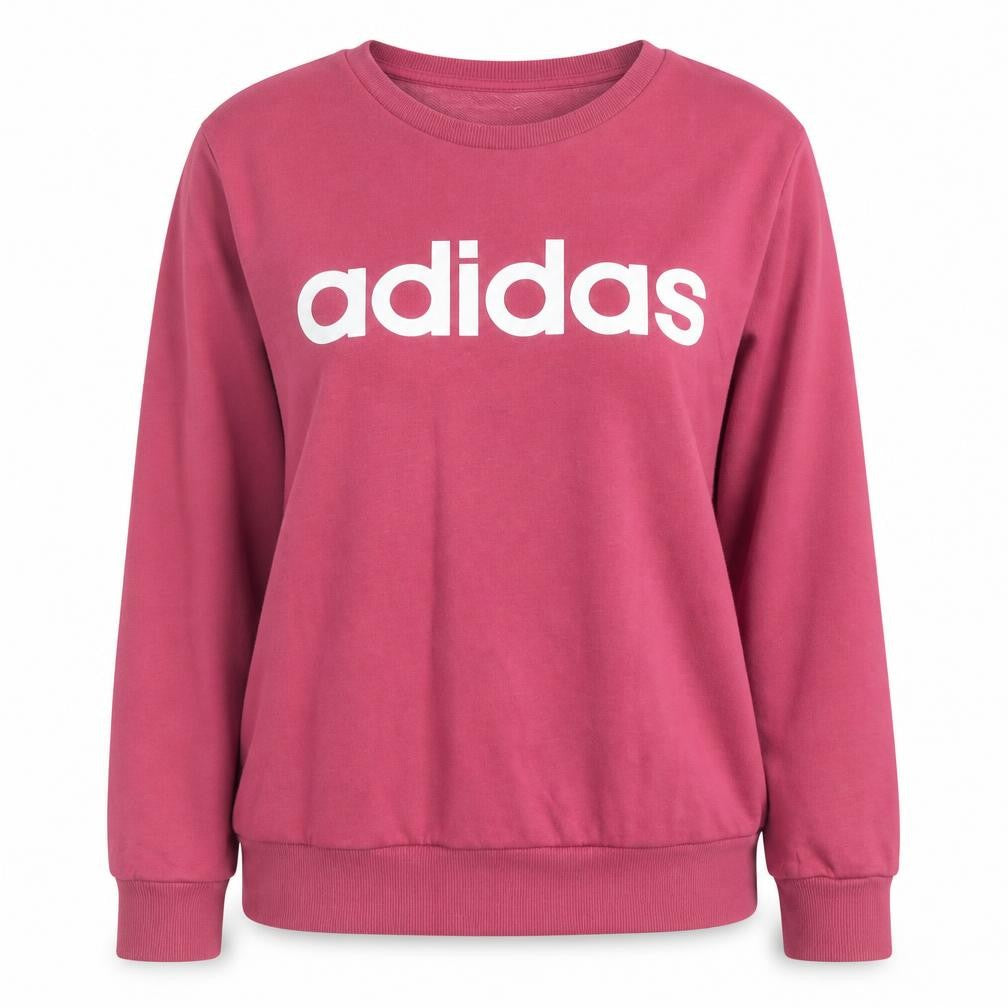 Front view of Adidas women’s pink cotton blend pullover sweatshirt, size L, 16-18
