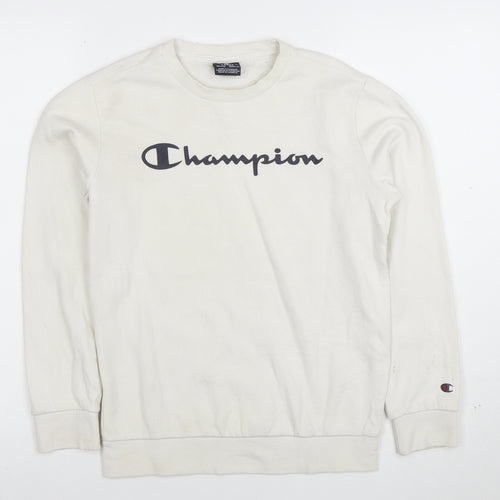 Champion Boys Ivory Large Crew Neck Pullover Sweatshirt with Logo Print