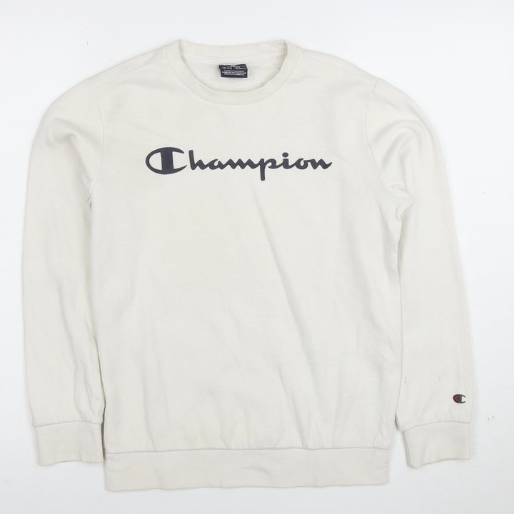 Champion Boys Ivory Large Crew Neck Pullover Sweatshirt with Logo Print
