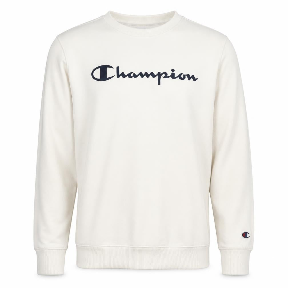 Front view of Champion boys’ ivory large crew neck pullover sweatshirt with logo print