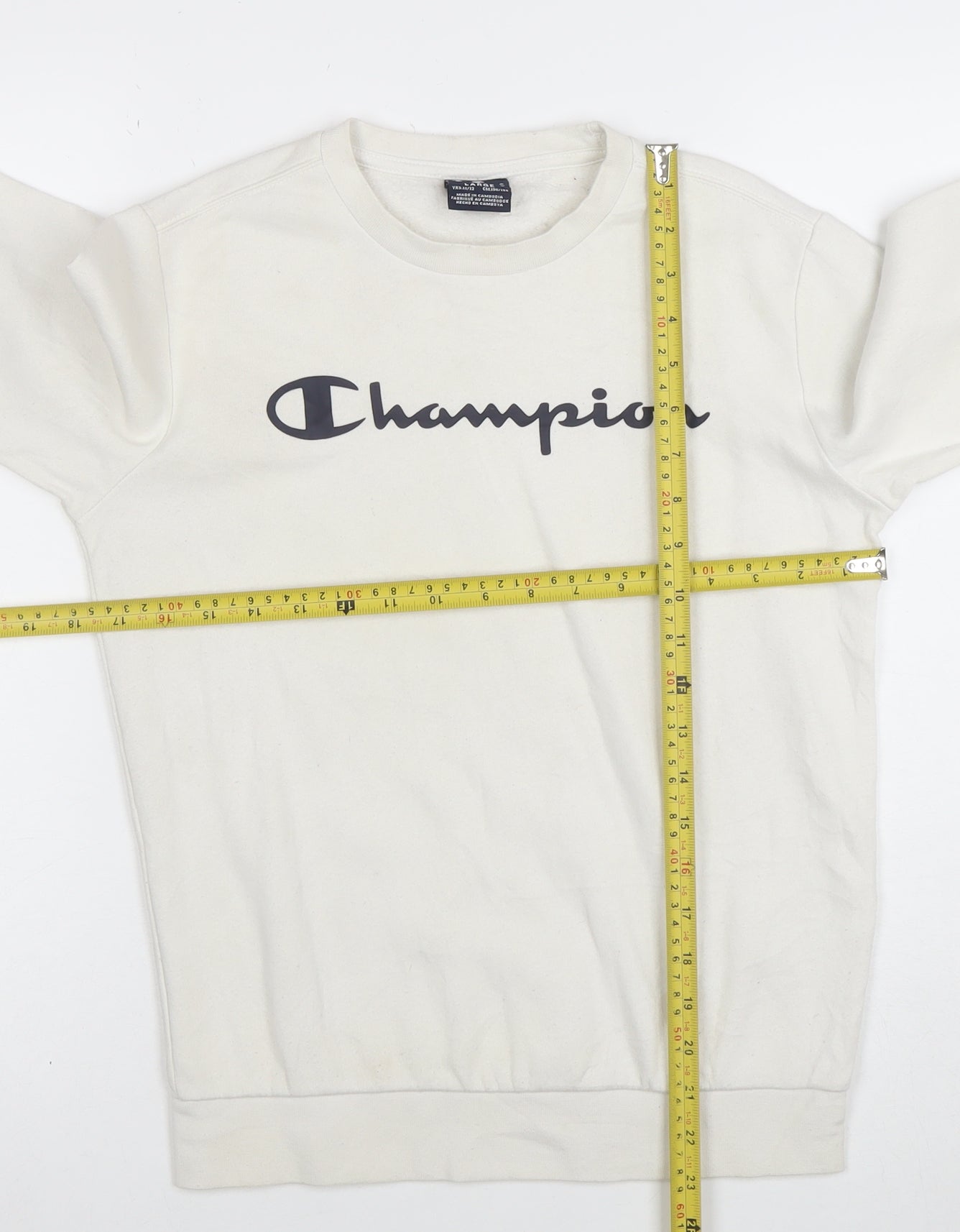 Champion Boys Ivory Large Crew Neck Pullover Sweatshirt with Logo Print