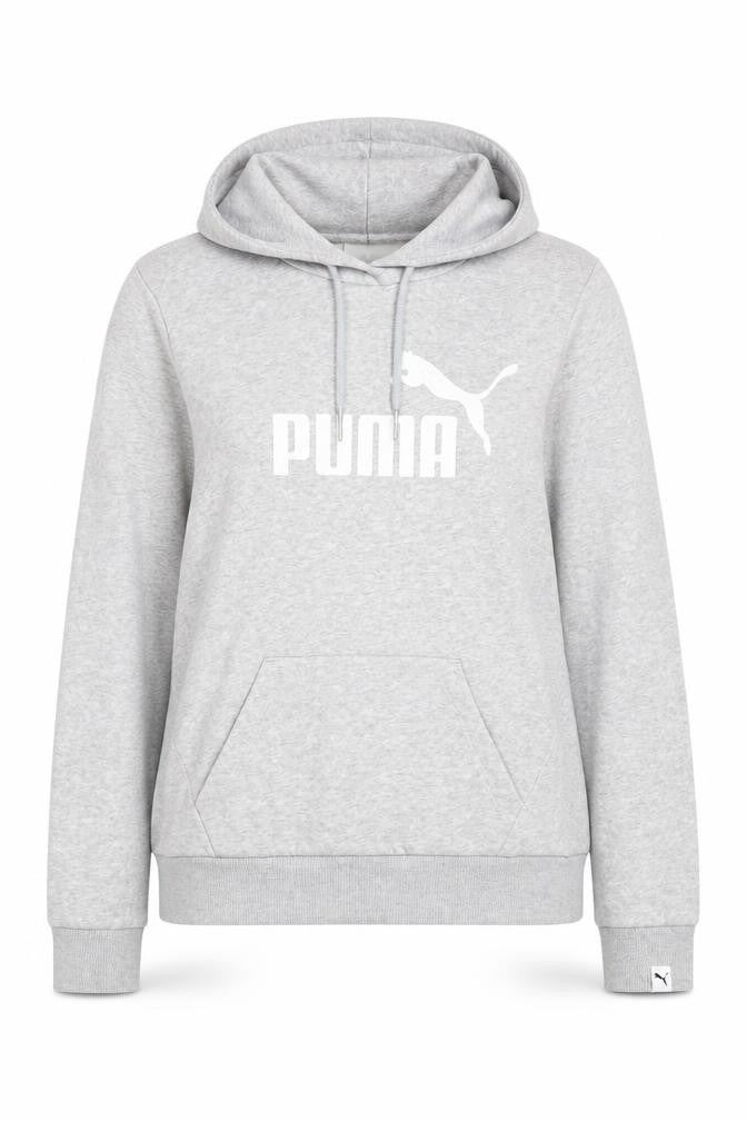 Front view of Puma Women’s Grey Pullover Hoodie Small Logo Fleece Lined Casual