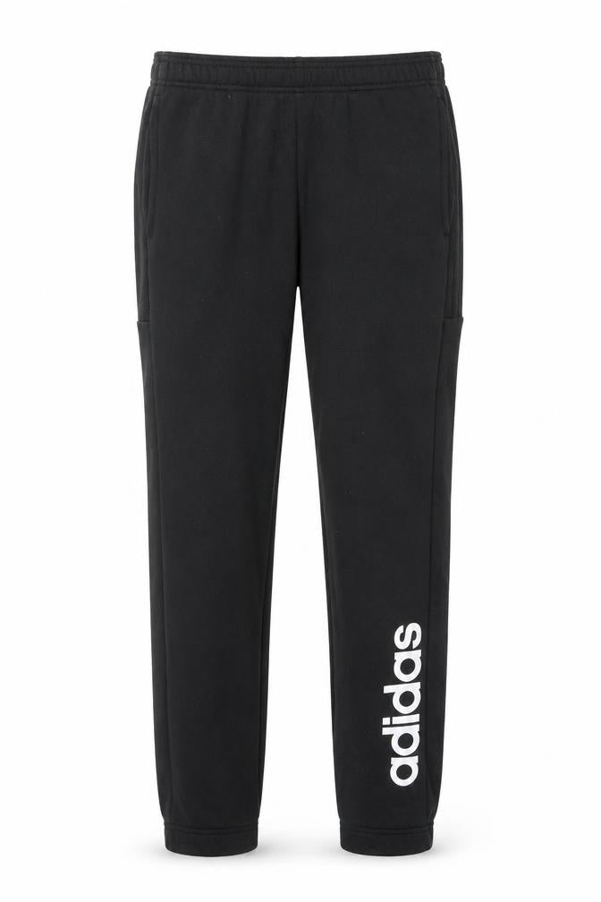Front view of Adidas men’s black jogger trousers, size S, polyester blend