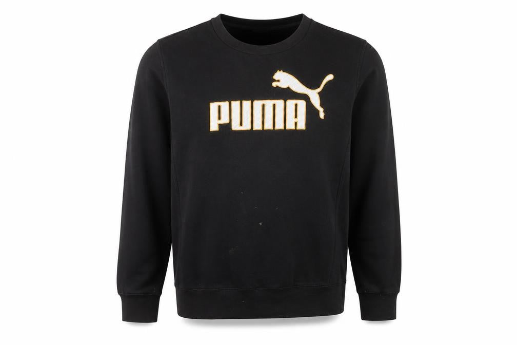 Front view of Puma men’s black medium sweatshirt crew neck logo front pullover
