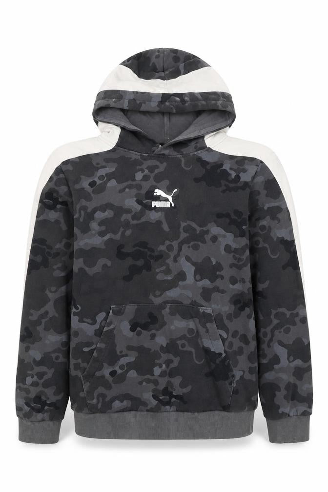 Front view of PUMA boys’ grey camouflage pullover hoodie -, size 13-14, years cotton blend