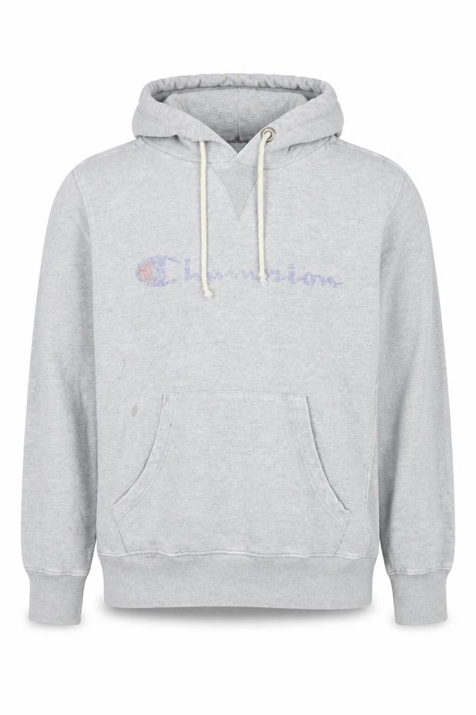 Front view of Champion Men's Grey Medium Pullover Hoodie with Logo