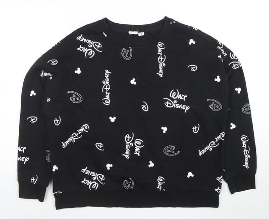 Disney Womens Black L Sweatshirt Walt Disney Logo Print Crew Neck