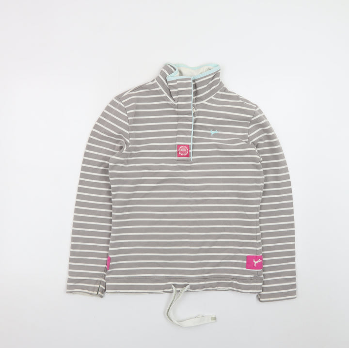 Joules Women Grey Striped 1/4 Zip Sweatshirt Size 10 Cotton Blend