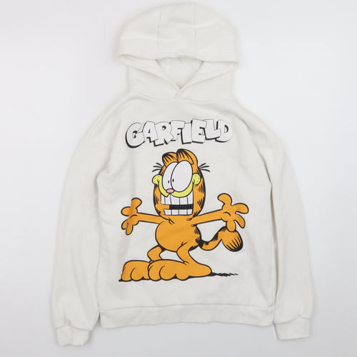 Garfield Boys White Pullover Hoodie 10-11 Years Cartoon Graphic Fleece