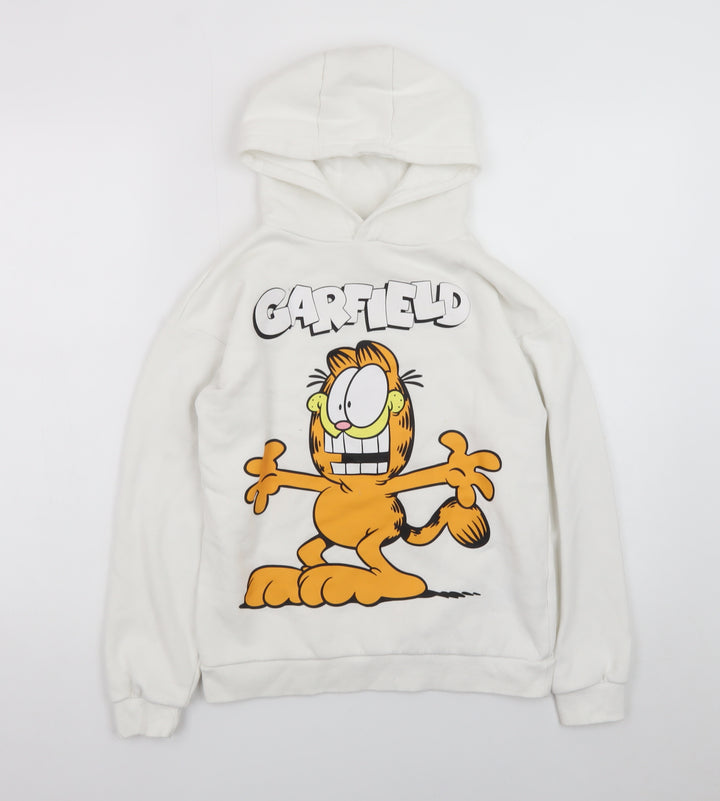 Garfield Boys White Pullover Hoodie 10-11 Years Cartoon Graphic Fleece